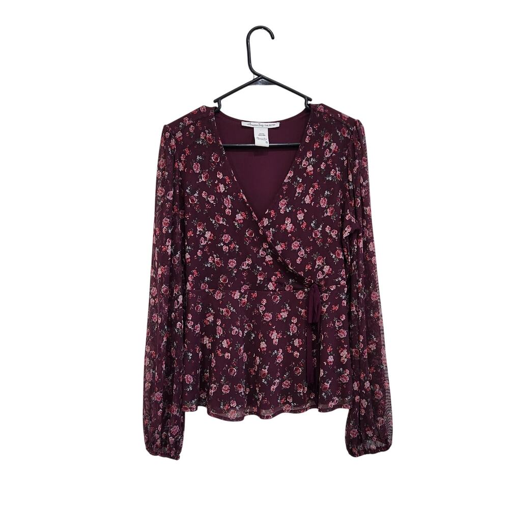 American Rag Cie Floral Long Balloon Sleeve V-Neck Blouse Purple Size Small